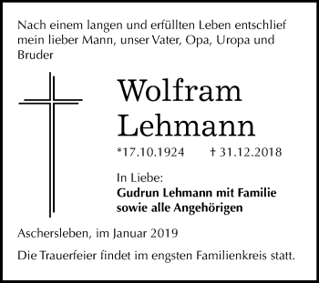 Traueranzeige von Wolfram Lehmann von Mitteldeutsche Zeitung Aschersleben