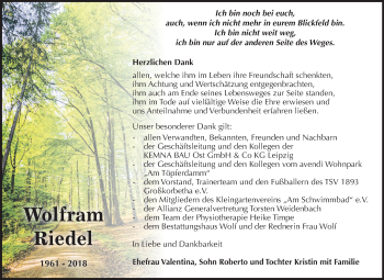 Traueranzeige von Wolfram Riedel von Mitteldeutsche Zeitung Weißenfels