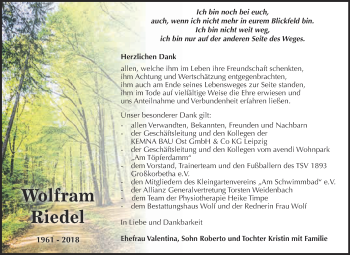 Traueranzeige von Wolfram Riedel von WVG - Wochenspiegel NMB / WSF / ZTZ