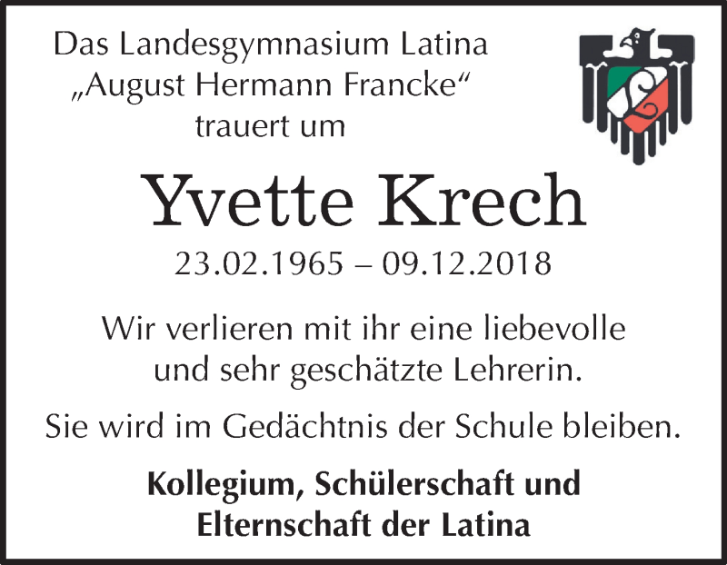  Traueranzeige für Yvette Krech vom 15.12.2018 aus Mitteldeutsche Zeitung Halle/Saalkreis