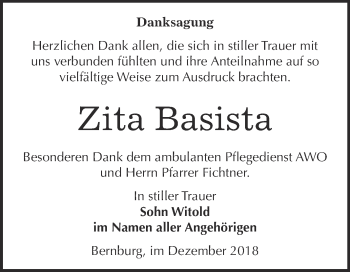 Traueranzeige von Zita Maria Basista von Super Sonntag Bernburg