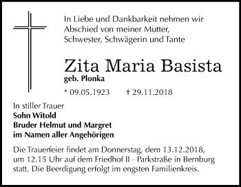 Traueranzeige von Zita Maria Basista von Mitteldeutsche Zeitung Bernburg