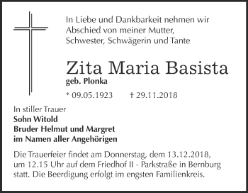 Traueranzeige von Zita Maria Basista von Super Sonntag Bernburg