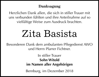 Traueranzeige von Zita Maria Basista von Mitteldeutsche Zeitung Bernburg