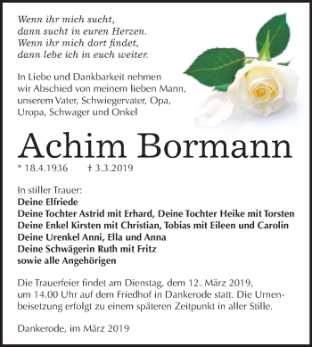 Traueranzeige von Achim Bormann von Mitteldeutsche Zeitung Quedlinburg