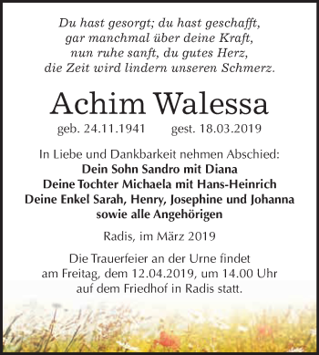 Traueranzeige von Achim Walessa von WVG - Wochenspiegel Wittenberg
