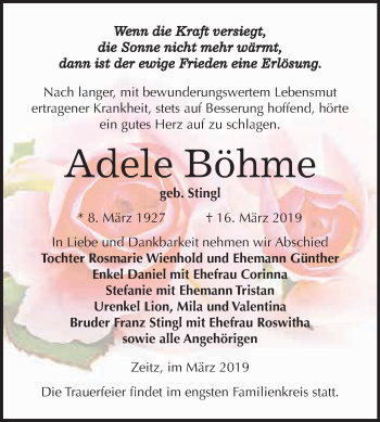 Traueranzeige von Adele Böhme von WVG - Wochenspiegel NMB / WSF / ZTZ