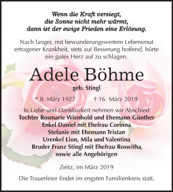 Traueranzeige von Adele Böhme von Mitteldeutsche Zeitung