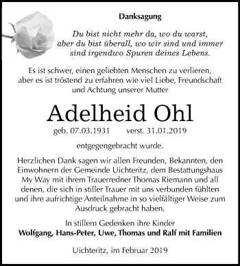 Traueranzeige von Adelheid Ohl von WVG - Wochenspiegel NMB / WSF / ZTZ