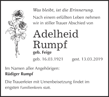 Traueranzeige von Adelheid Rumpf von Wochenspiegel Mansfelder Land