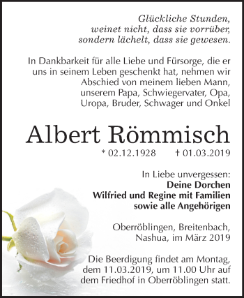Traueranzeige von Albert Römmisch von Mitteldeutsche Zeitung Sangerhausen