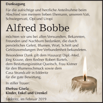 Traueranzeige von Alfred Bobbe von Mitteldeutsche Zeitung Köthen