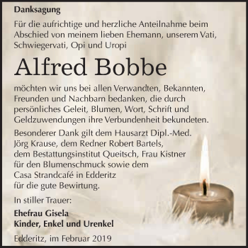Traueranzeige von Alfred Bobbe von WVG - Wochenspiegel Dessau / Köthen
