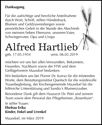 Traueranzeige von Alfred Hartlieb von Mitteldeutsche Zeitung
