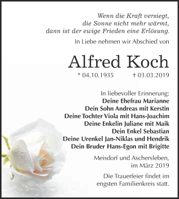 Traueranzeige von Alfred Koch von Super Sonntag Aschersleben