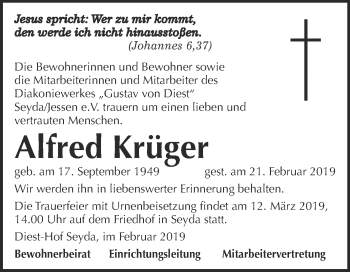 Traueranzeige von Alfred Krüger von Super Sonntag Wittenberg