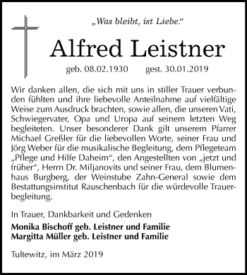 Traueranzeige von Alfred Leistner von Mitteldeutsche Zeitung