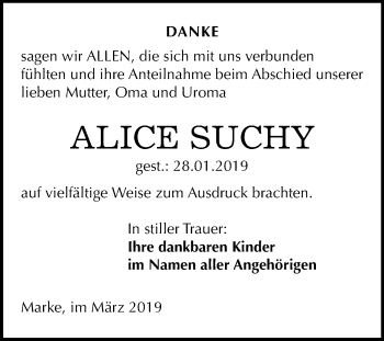 Traueranzeige von Alice Suchy von Mitteldeutsche Zeitung Bitterfeld