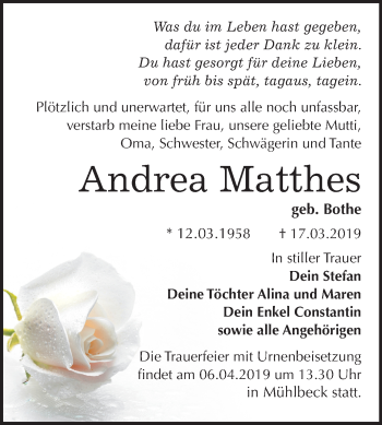 Traueranzeige von Andrea Matthes von Mitteldeutsche Zeitung Bitterfeld