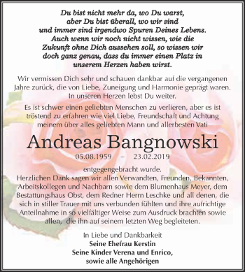 Traueranzeige von Andreas Bangnowski von Super Sonntag Merseburg
