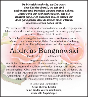 Traueranzeige von Andreas Bangnowski von Mitteldeutsche Zeitung Weißenfels
