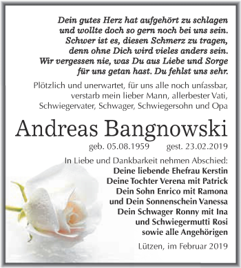 Traueranzeige von Andreas Bangnowski von Super Sonntag Merseburg