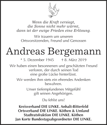 Traueranzeige von Andreas Bergemann von Super Sonntag Dessau / Köthen