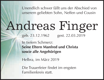 Traueranzeige von Andreas Finger von Super Sonntag SGH Mansf. Land