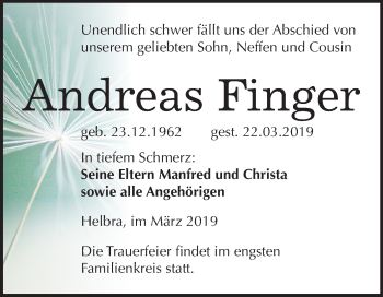 Traueranzeige von Andreas Finger von Mitteldeutsche Zeitung