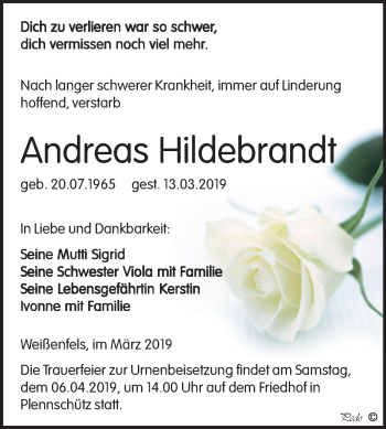 Traueranzeige von Andreas Hildebrandt von Mitteldeutsche Zeitung Weißenfels