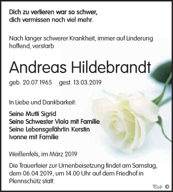 Traueranzeige von Andreas Hildebrandt von WVG - Wochenspiegel NMB / WSF / ZTZ