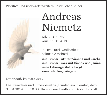 Traueranzeige von Andreas Niemetz von Super Sonntag Aschersleben