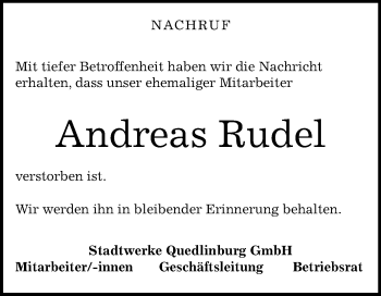 Traueranzeige von Andreas Rudel von Mitteldeutsche Zeitung Quedlinburg