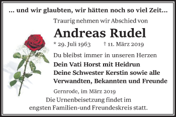 Traueranzeige von Andreas Rudel von Mitteldeutsche Zeitung Quedlinburg