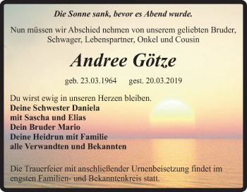 Traueranzeige von Andree Götze von Super Sonntag Quedlinburg