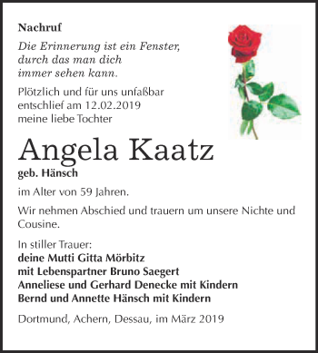 Traueranzeige von Angela Kaatz von WVG - Wochenspiegel Dessau / Köthen