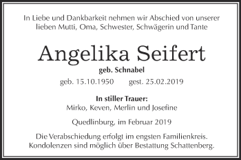 Traueranzeige von Angelika Seifert von Super Sonntag Quedlinburg
