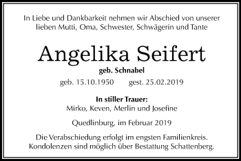 Traueranzeige von Angelika Seifert von Mitteldeutsche Zeitung Quedlinburg