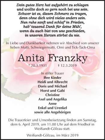 Traueranzeige von Anita Franzky von Mitteldeutsche Zeitung Köthen