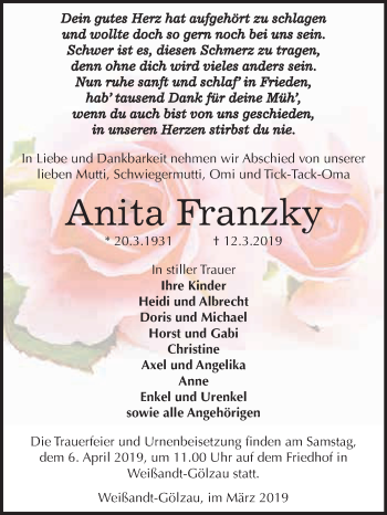 Traueranzeige von Anita Franzky von WVG - Wochenspiegel Dessau / Köthen