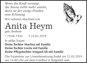 Traueranzeige von Anita Heym von Super Sonntag Zeitz