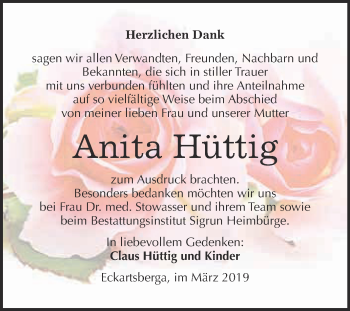 Traueranzeige von Anita Hüttig von WVG - Wochenspiegel NMB / WSF / ZTZ