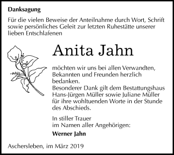 Traueranzeige von Anita Jahn von Mitteldeutsche Zeitung Aschersleben