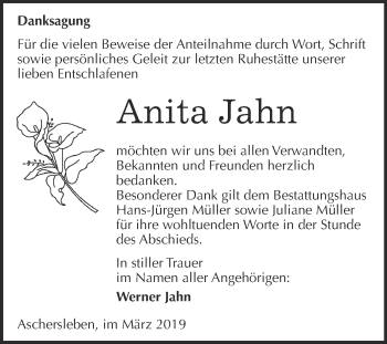 Traueranzeige von Anita Jahn von Super Sonntag Aschersleben