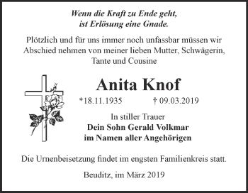 Traueranzeige von Anita Knof von WVG - Wochenspiegel NMB / WSF / ZTZ
