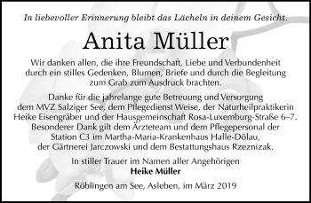 Traueranzeige von Anita Müller von Mitteldeutsche Zeitung Mansfelder Land