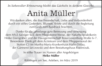 Traueranzeige von Anita Müller von Wochenspiegel Mansfelder Land