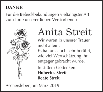 Traueranzeige von Anita Streit von Super Sonntag Aschersleben