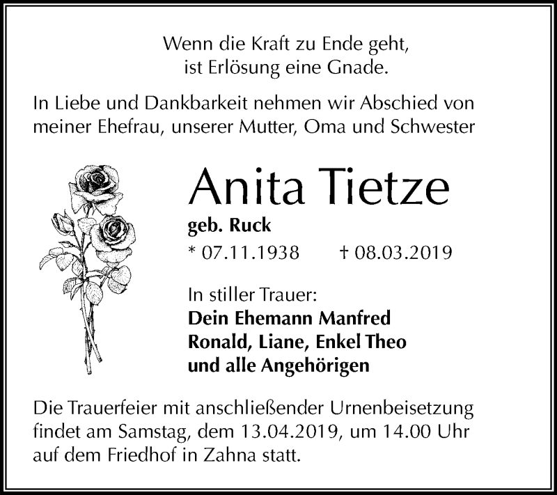  Traueranzeige für Anita Tietze vom 30.03.2019 aus Mitteldeutsche Zeitung