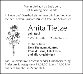 Traueranzeige von Anita Tietze von WVG - Wochenspiegel Wittenberg